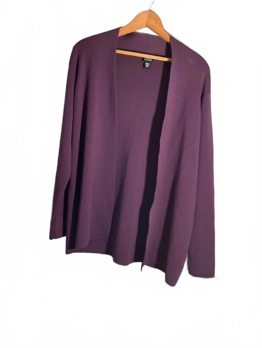 Eileen Fisher Purple Open Front Merino Wool Cardigan Sweater - Women's Large - Picture 2 of 8